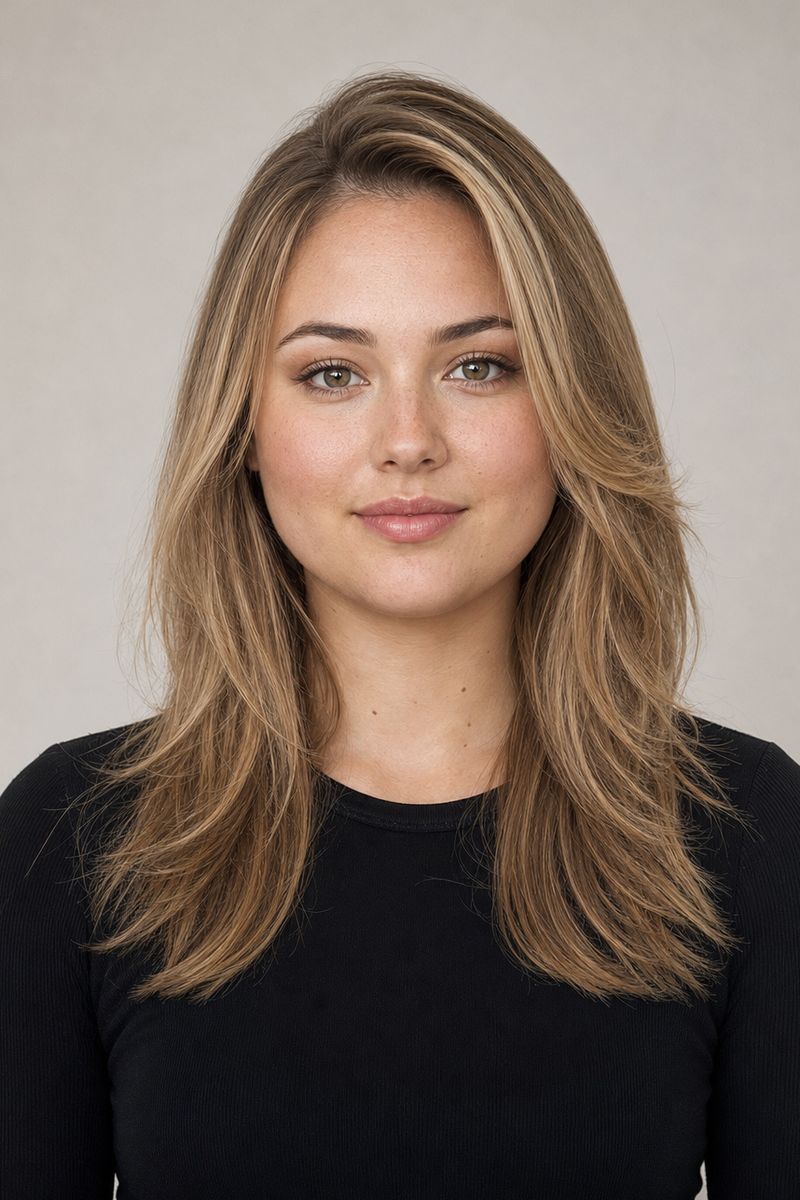 Round face shape with long layered hair