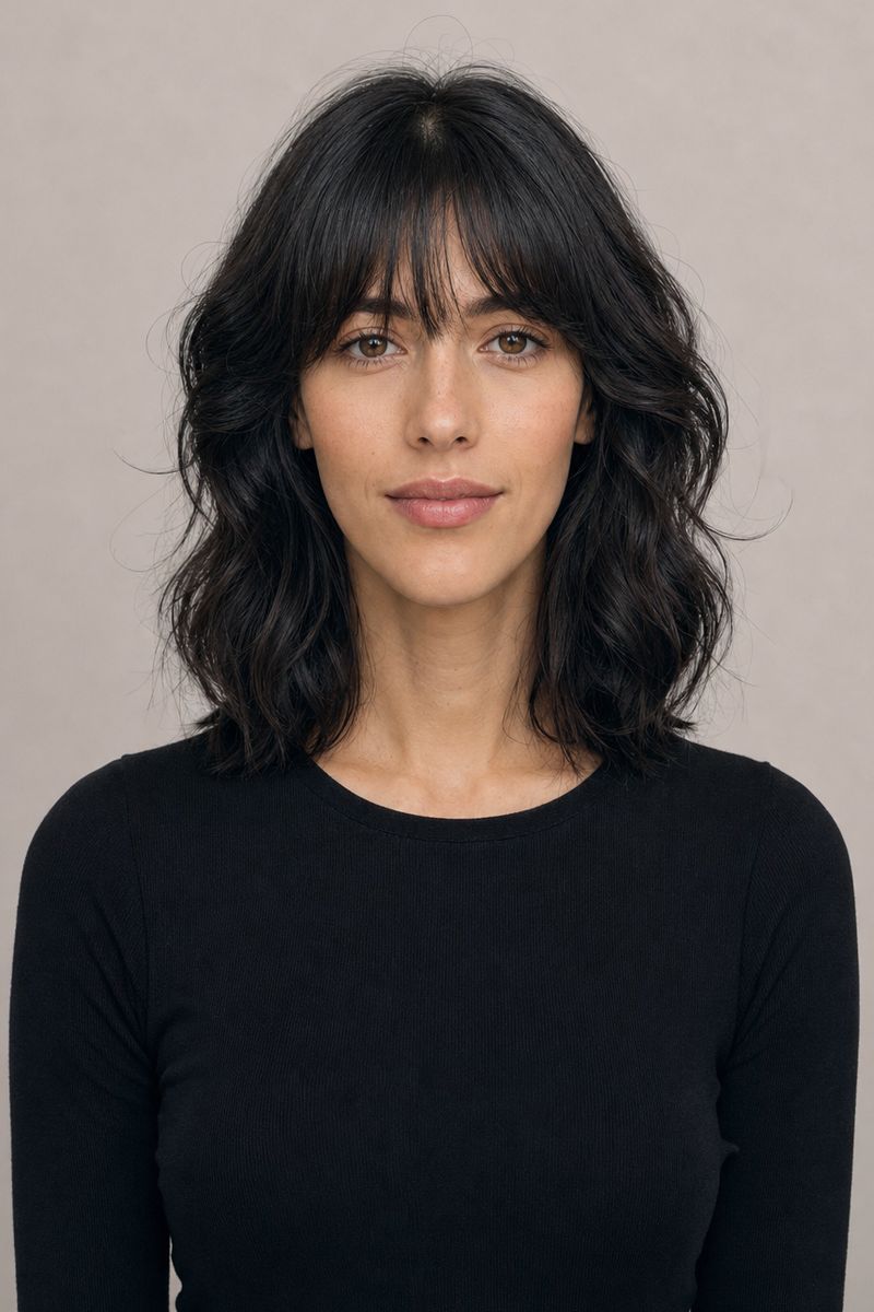 Oblong face shape with shoulder-length hair and bangs